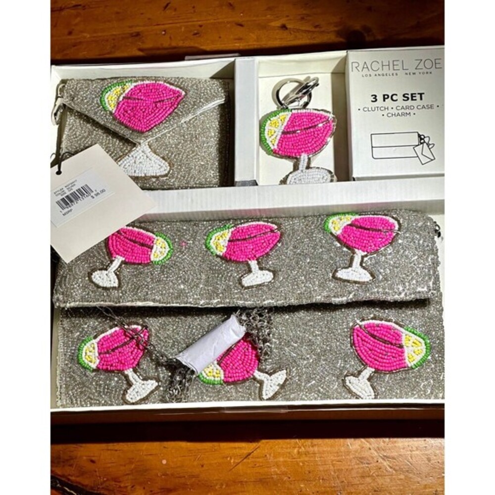 NWT RachelZoe Beaded 3pc set Margarita glass Clutch-Coin Purse & Keychain charm